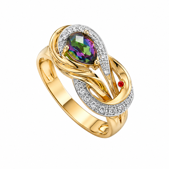 18K Over Sterling Mystic Topaz and Diamond Ring