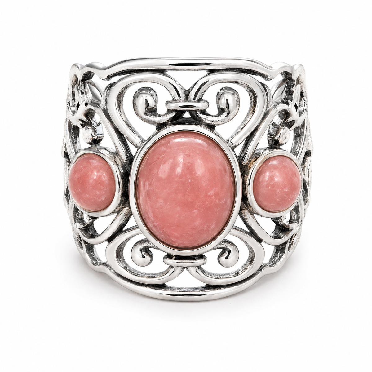 Rhodochrosite and Sterling Scroll Wide Band Ring