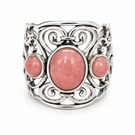 Rhodochrosite and Sterling Scroll Wide Band Ring