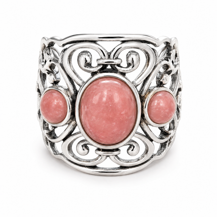 Rhodochrosite and Sterling Scroll Wide Band Ring
