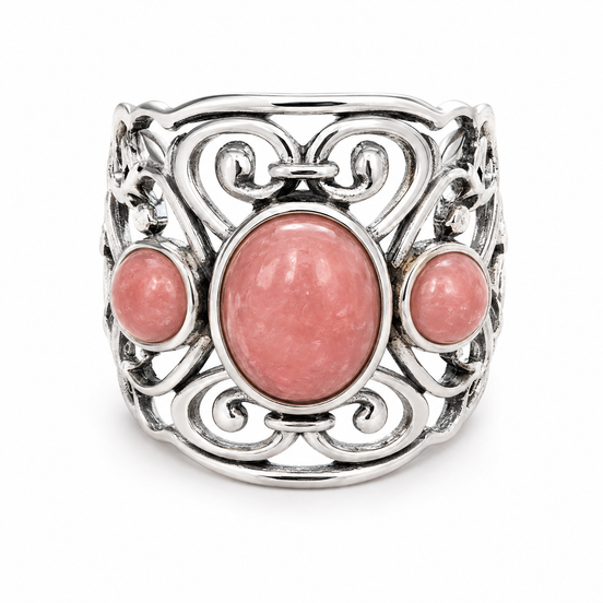 Rhodochrosite and Sterling Scroll Wide Band Ring