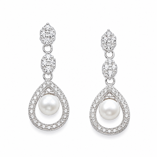 Freshwater Pearl and CZ Sterling Drop Post Earrings