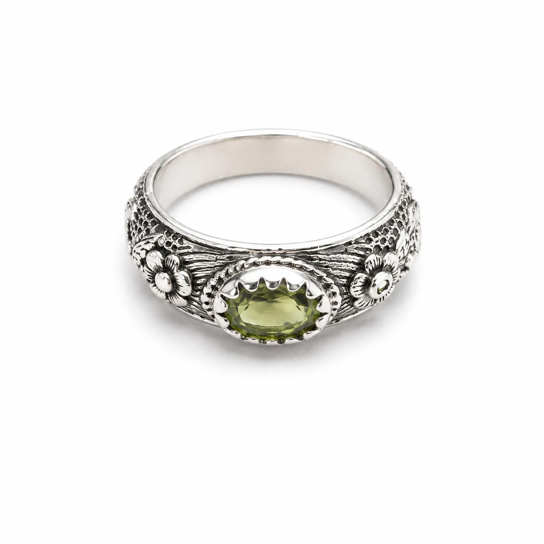 Peridot and Tourmaline and Sterling Floral Band Ring