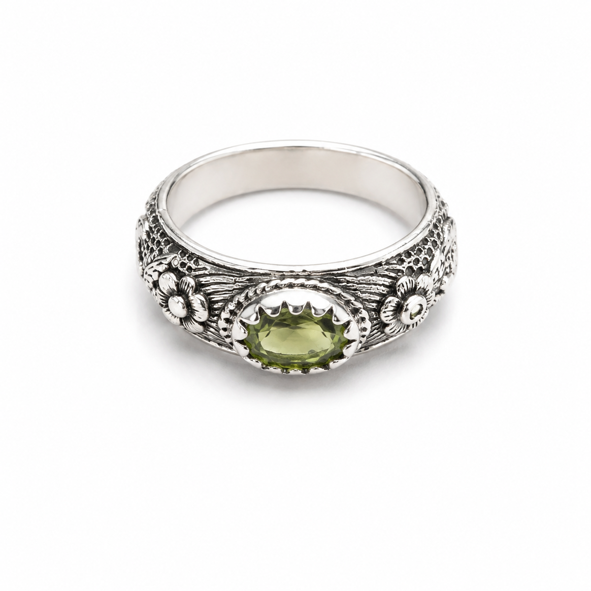 Peridot and Tourmaline and Sterling Floral Band Ring
