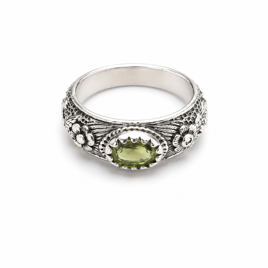 Peridot and Tourmaline and Sterling Floral Band Ring