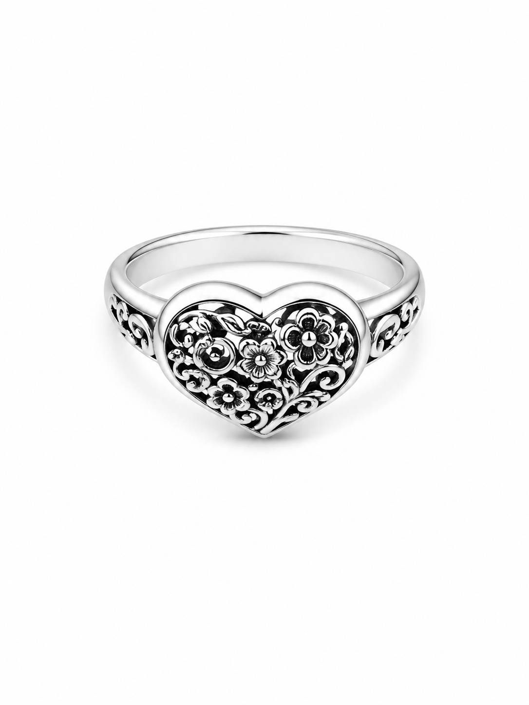 Antiqued and Sterling Floral Heart Ring