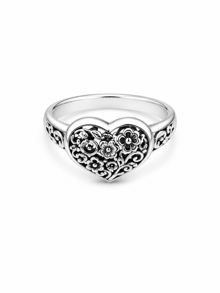 Antiqued and Sterling Floral Heart Ring