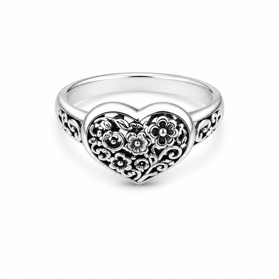 Antiqued and Sterling Floral Heart Ring