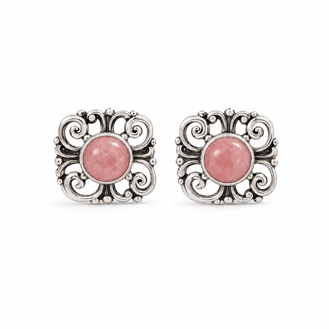 Rhodochrosite and Antiqued Sterling Post Earrings