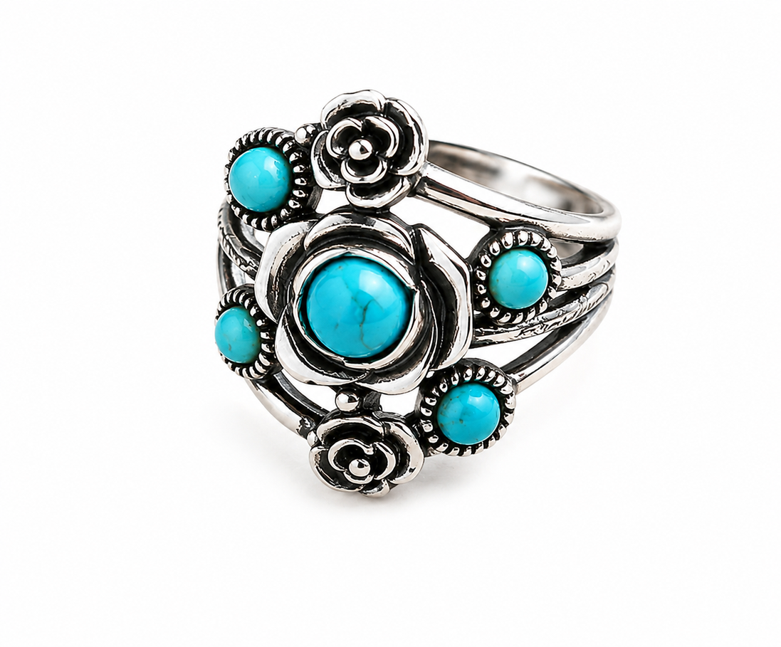 Turquoise and Antiqued Sterling Rose Ring