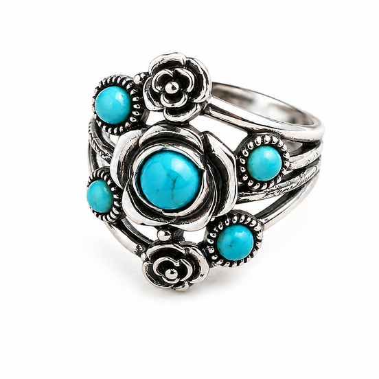 Turquoise and Antiqued Sterling Rose Ring