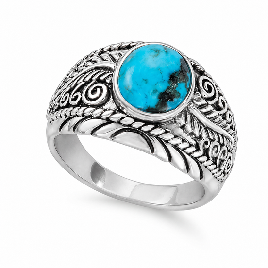 Turquoise and Antiqued Sterling Feathers Ring