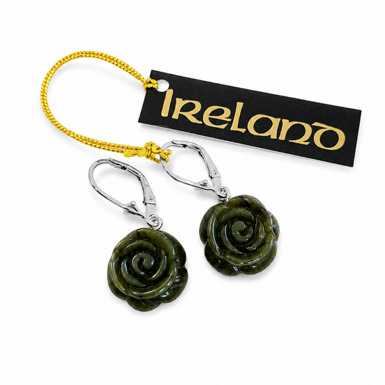 Connemara Marble Carved Rose and Sterling Earrings