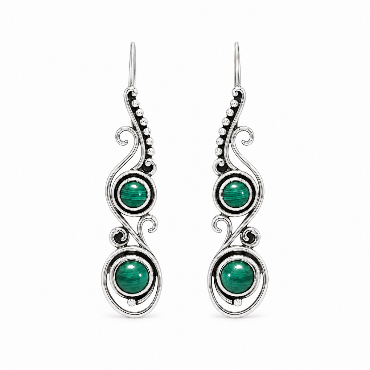 Malachite and Antiqued Sterling Paisley Earring Accent