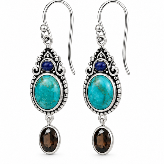 Turquoise, Lapis and Antiqued Sterling Earrings