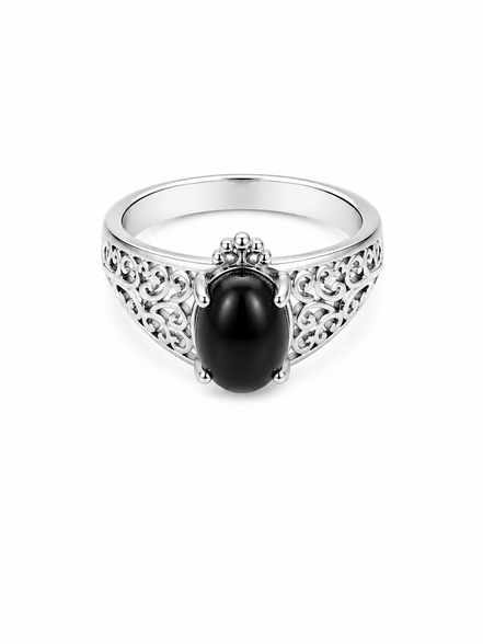 Cabochon Black Onyx and White Band Ring