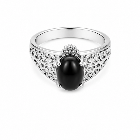 Cabochon Black Onyx and White Band Ring