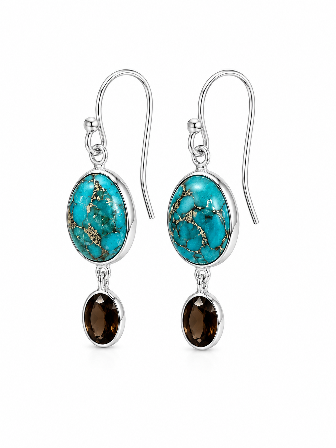 Blue Mojave Turquoise Smoky Quartz and Sterling Earrings