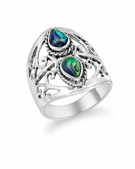 Abalone and Antiqued Sterling Scroll Ring