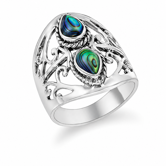 Abalone and Antiqued Sterling Scroll Ring