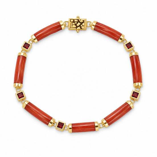 Red Jade and Gold over Sterling Good Fortune Bracelet