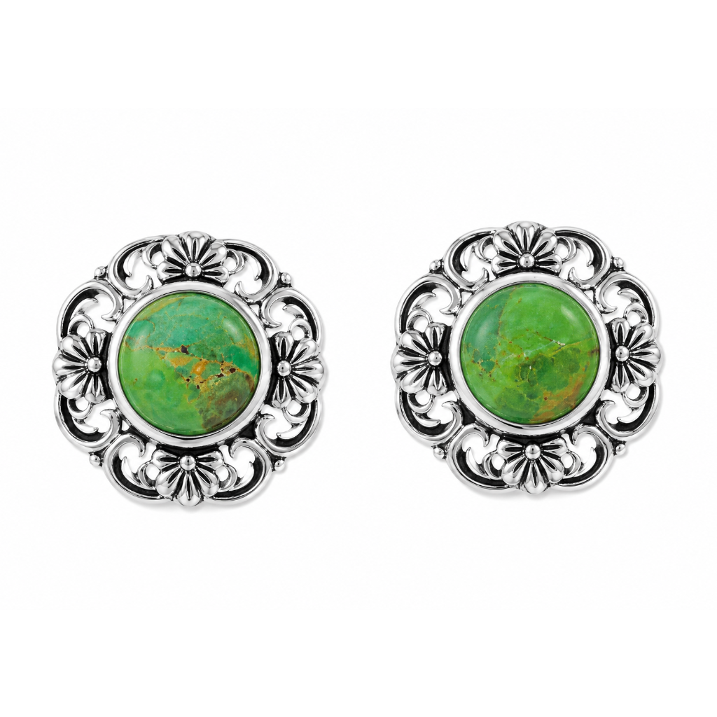 Green Turquoise and Sterling Floral Clip Earrings