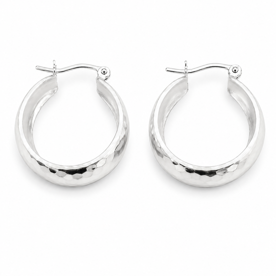 Sterling Hammered Wide Hoop Pierced Earrings