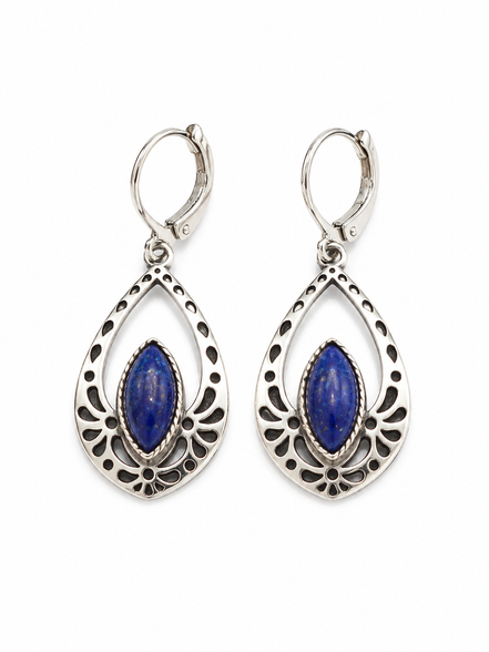 Lapis and Sterling Filigree Leverback Earrings