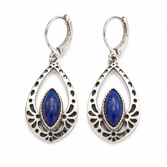 Lapis and Sterling Filigree Leverback Earrings