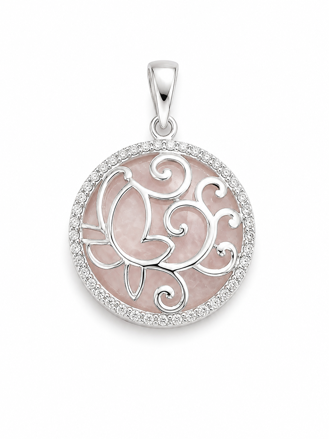 Rose Quartz CZ and Sterling Scroll Pendant