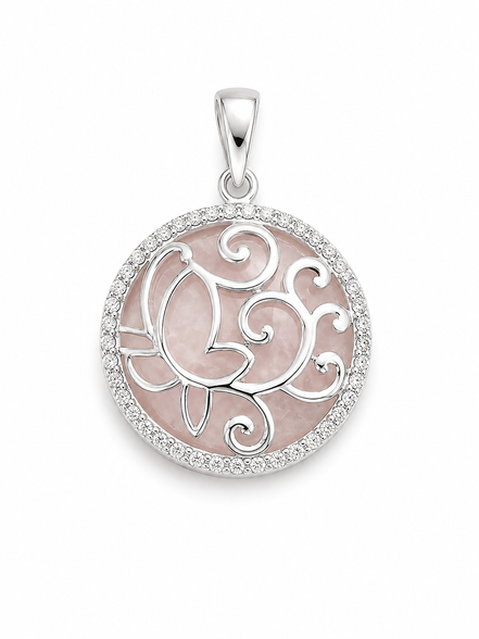 Rose Quartz CZ and Sterling Scroll Pendant