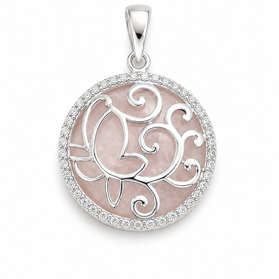Rose Quartz CZ and Sterling Scroll Pendant