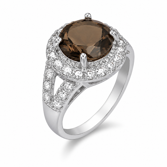 Smokey Quartz White Topaz and Sterling Halo Ring