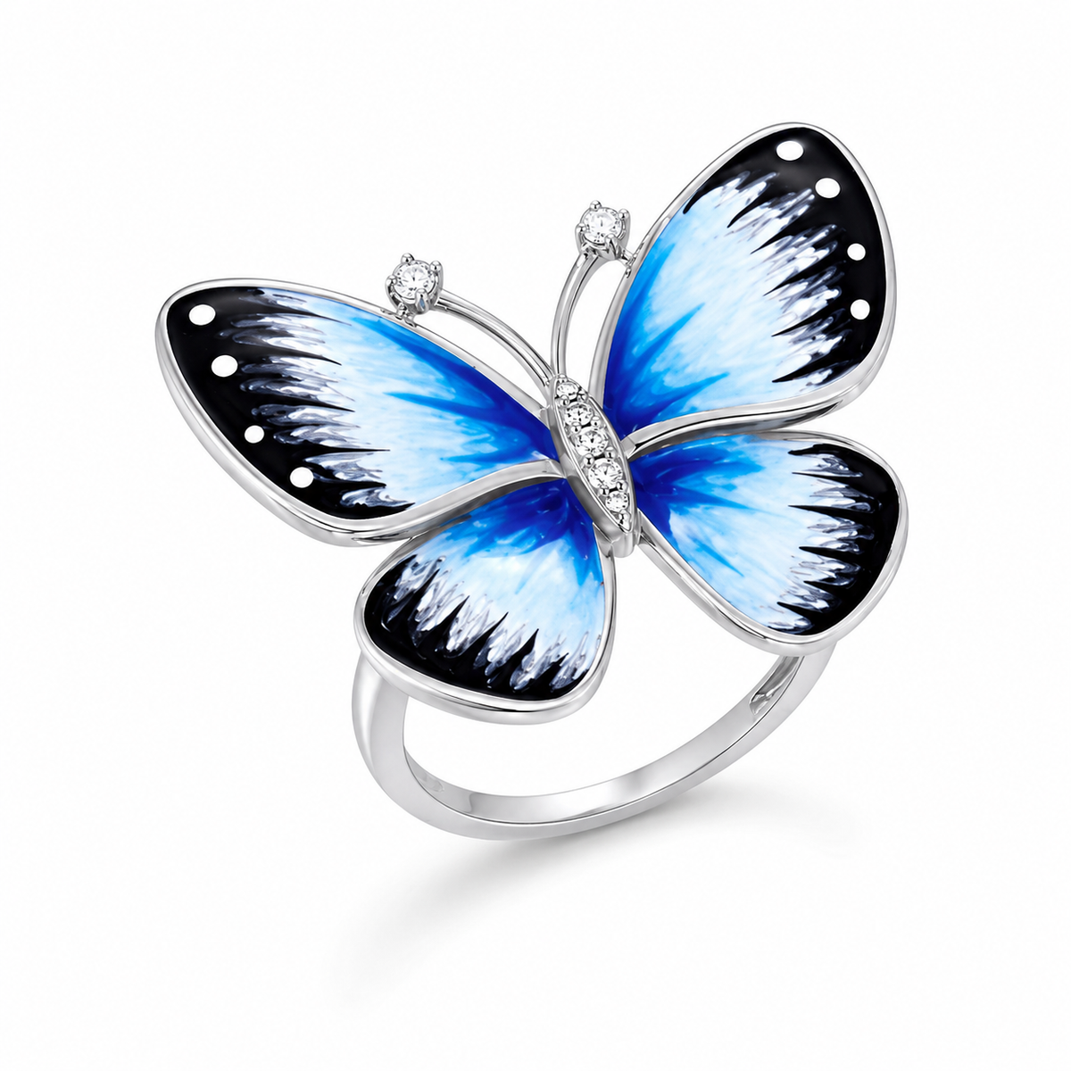 Enameled Blue Morpho Butterfly CZ and Sterling Ring