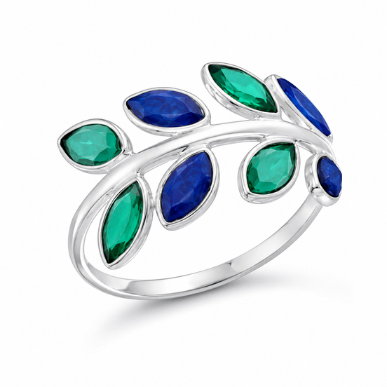 Blue Sapphire Emerald and Sterling Foliage Ring