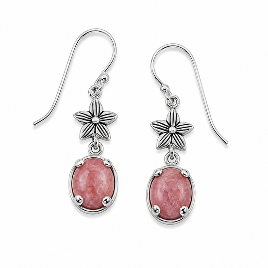 Rhodochrosite and Antiqued Sterling Blossom Earrings