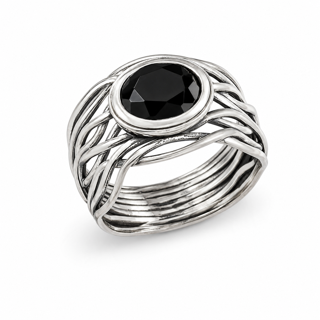 Black Onyx and Sterling Round the Vine Ring