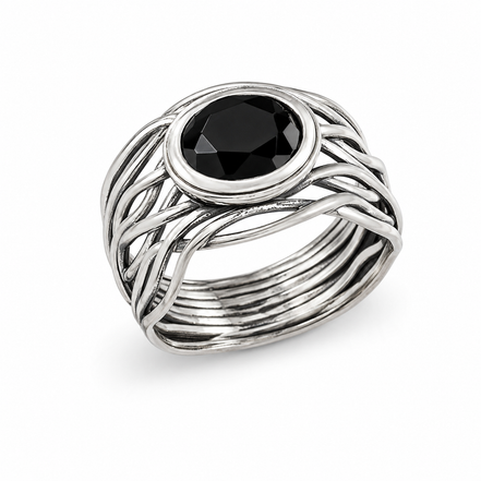 Black Onyx and Sterling Round the Vine Ring