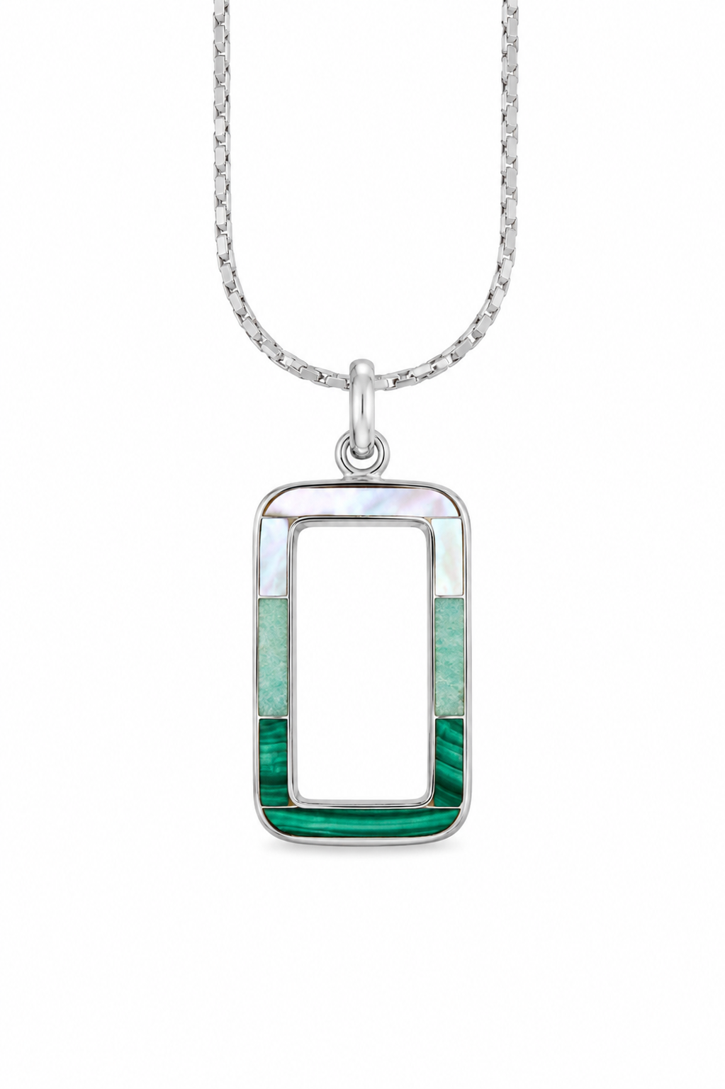 Mother of Pearl Amazonite Malochite and Sterling Pendant