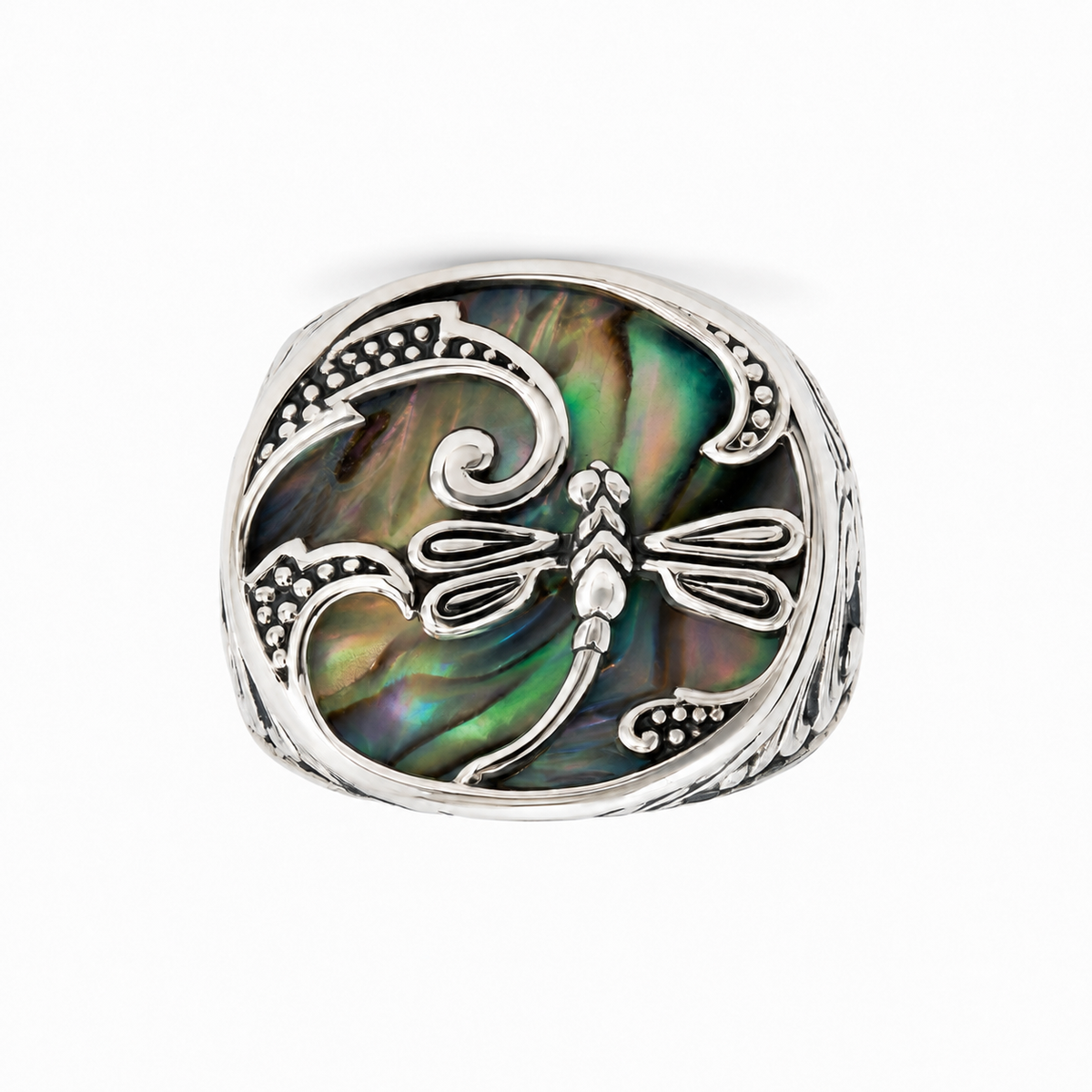 Abalone and Antiqued Sterling Dragonfly Ring