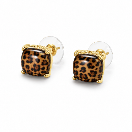 Leopard Print Cushion Shaped Gold Plated Earrings