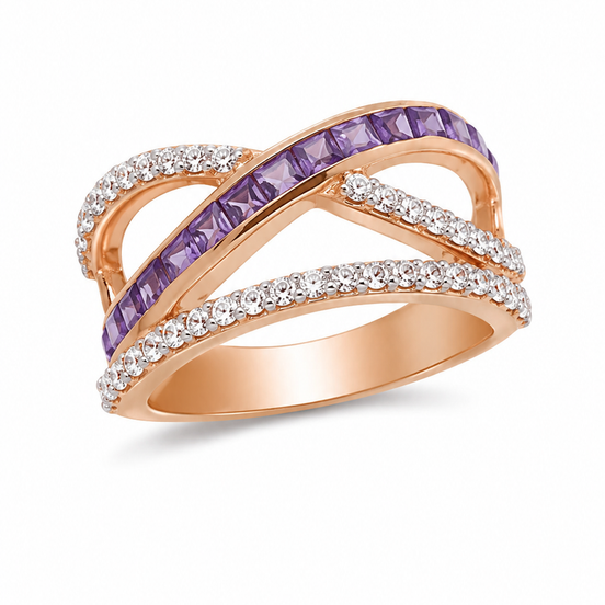 Amethyst White Zircon Rose Gold over Sterling Ring