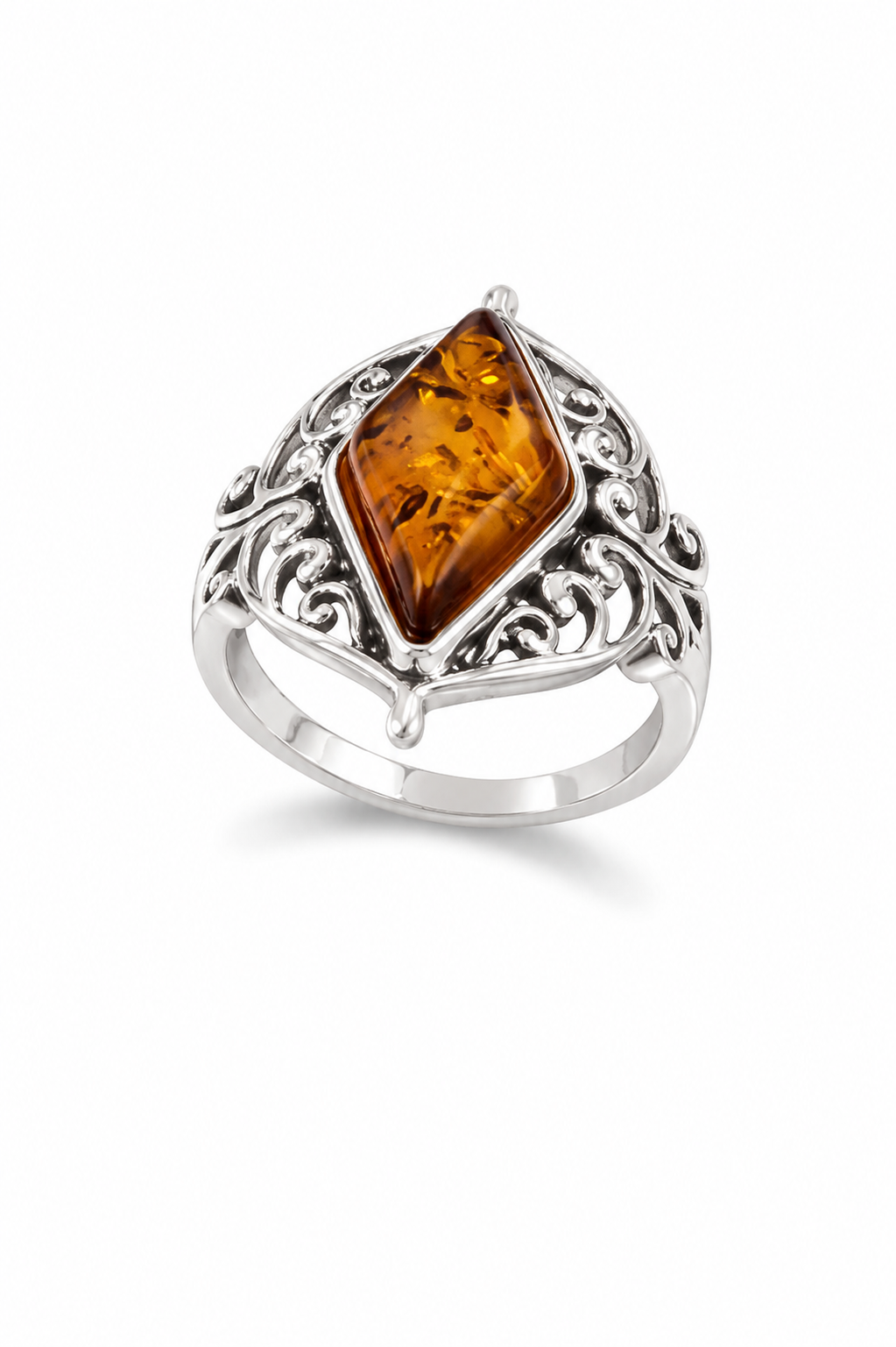 Amber and Antiqued Sterling Filigree Setting Ring