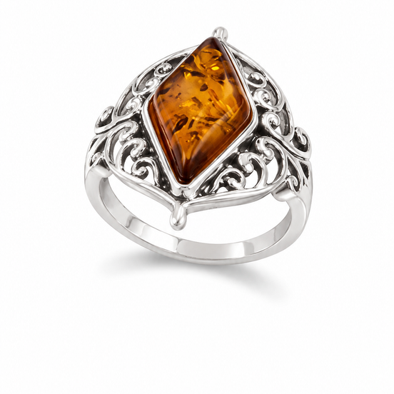 Amber and Antiqued Sterling Filigree Setting Ring