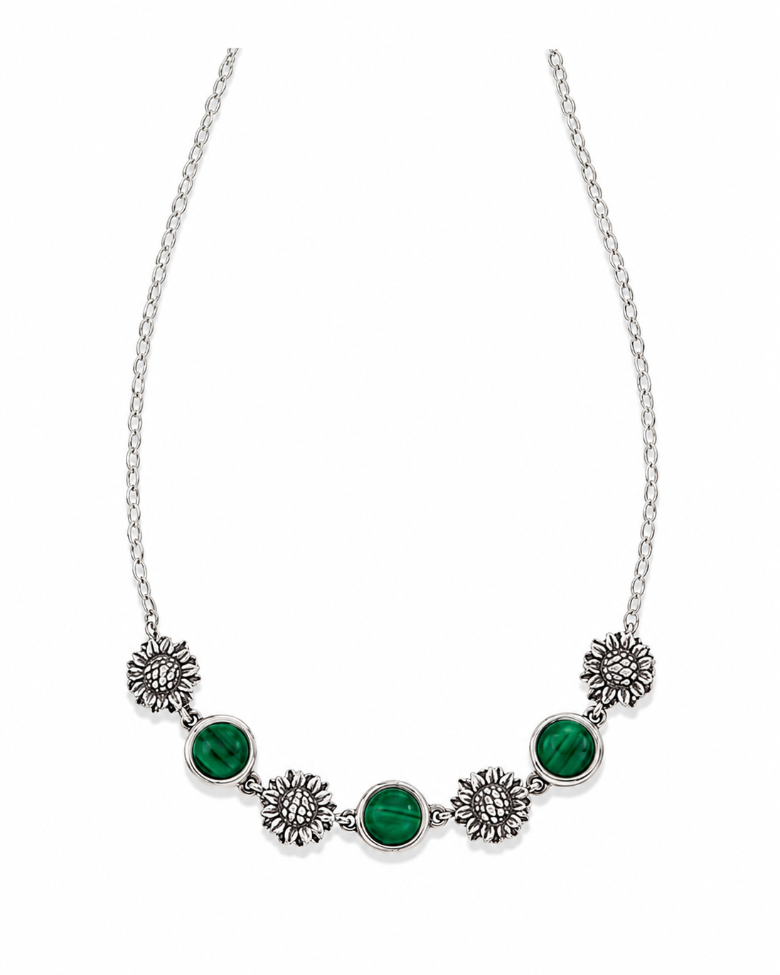 Malachite and Sterling Sunflower Trapeze Necklace 18 to 20 inches