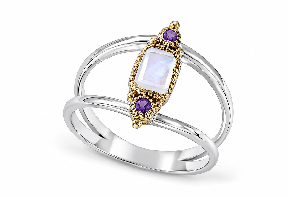 Rainbow Moonstone and Amethyst Sterling Brass Ring