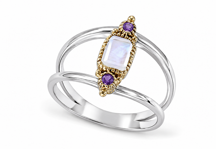 Rainbow Moonstone and Amethyst Sterling Brass Ring