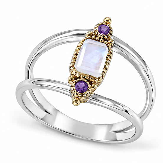 Rainbow Moonstone and Amethyst Sterling Brass Ring