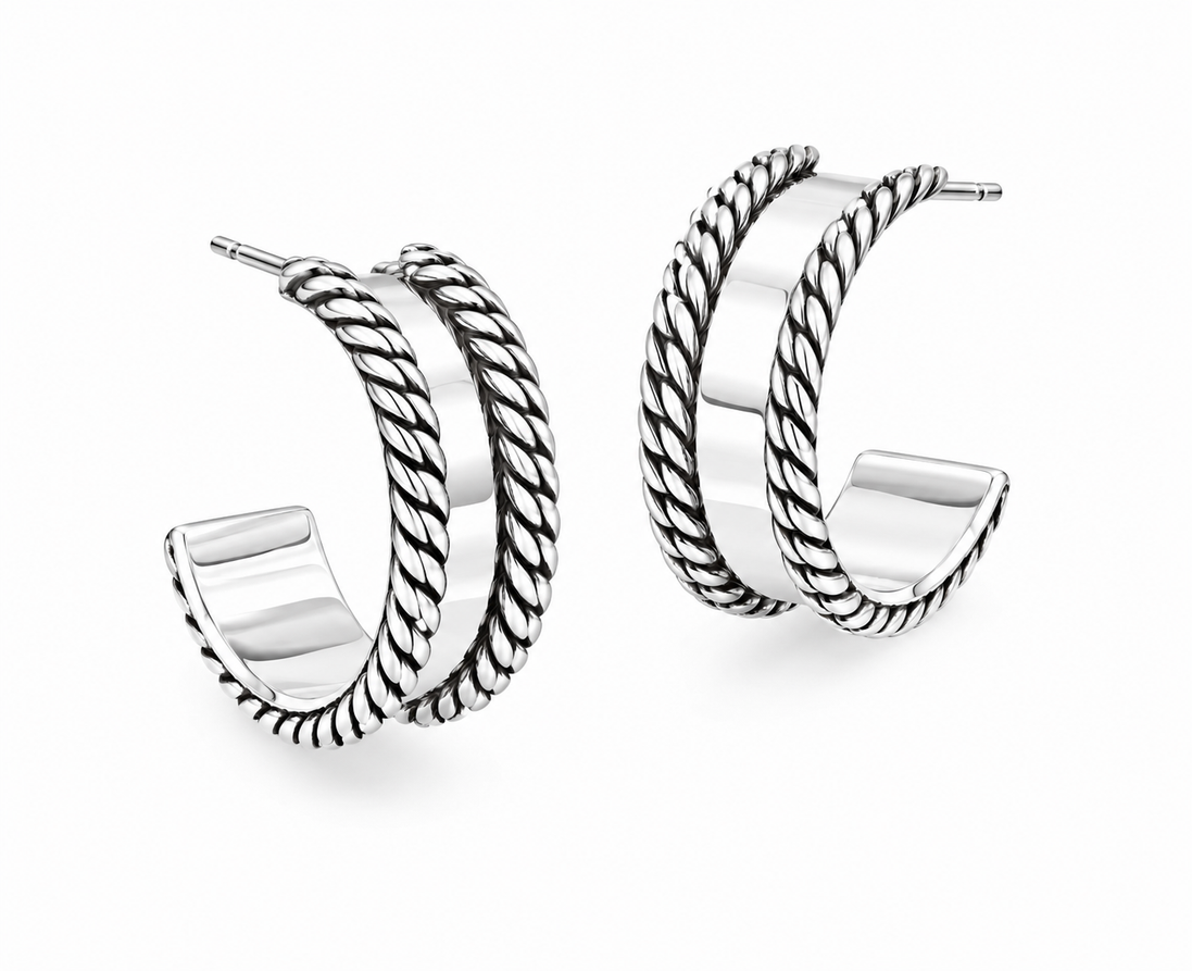 Antiqued Sterling Rope Edge Half Hoop Post Earrings