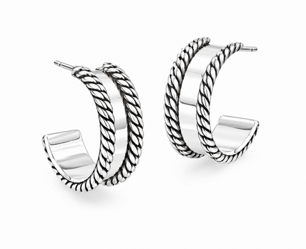 Antiqued Sterling Rope Edge Half Hoop Post Earrings